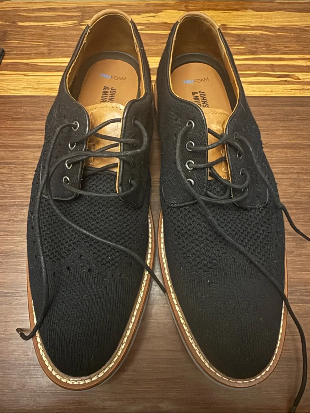Johnston & Murphy Black Knit Lace-Up Oxfords with Tan Trim